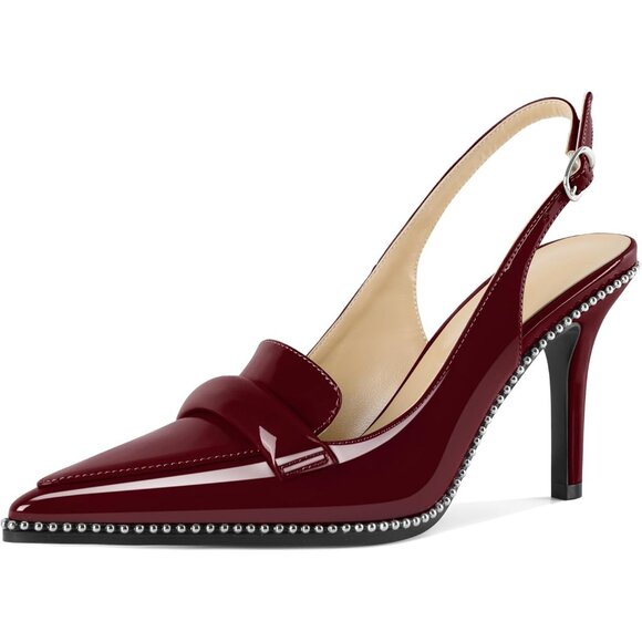 Women Burgundy Stiletto Beaded Shoes Pointed Toe Slip On Loafers Slingback Heels - Picture 1 of 6